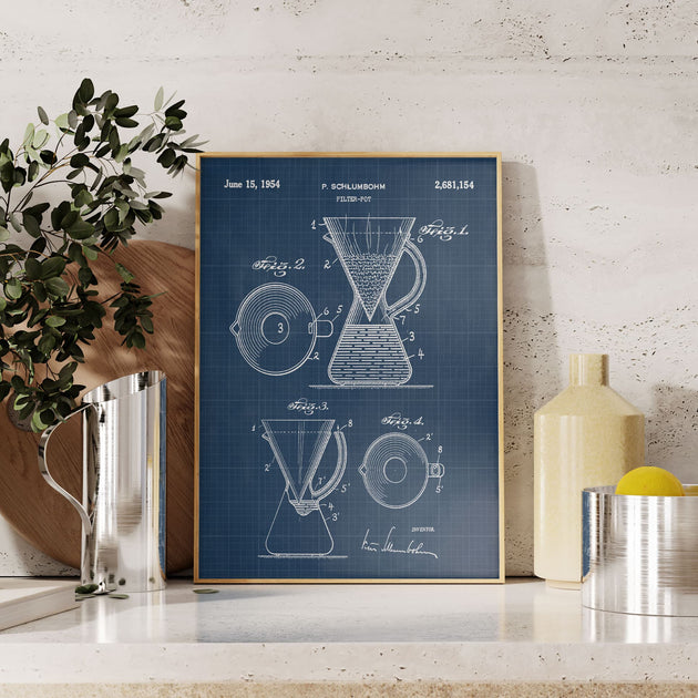 Chemex Pour-Over Coffeemaker Patent Wall Art (3 Design Options