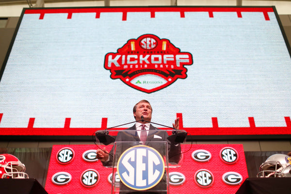 Georgia coach Kirby Smart speak with the media at SEC Football Media Days in Atlanta, July 17, 2018. Joshua L. Jones, Athens Banner-Herald