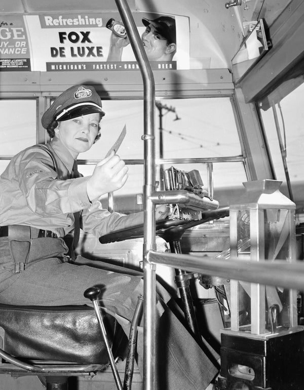 Bus driver Catherine Kramer was one of several women to take over Detroit bus routes during World War II. At the time, the city's transportation unit was called the Department of Street Railways. The Detroit News