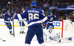 Tampa Bay Lightning right wing Nikita Kucherov (86) celebrates his goal off of an assist by center Steven Stamkos during first-period action against the Toronto Maple Leafs on Feb. 25, 2020, in Tampa. Tampa Bay Times / Dirk Shadd