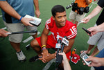 University of Wisconsin quarterback Russell Wilson speaking during media day at Camp Randall Stadium, August 7, 2011. “I just want to be part of something special,” the senior quarterback said that day. Wilson led the Badgers to a Big Ten title. Courtesy Wisconsin State Journal