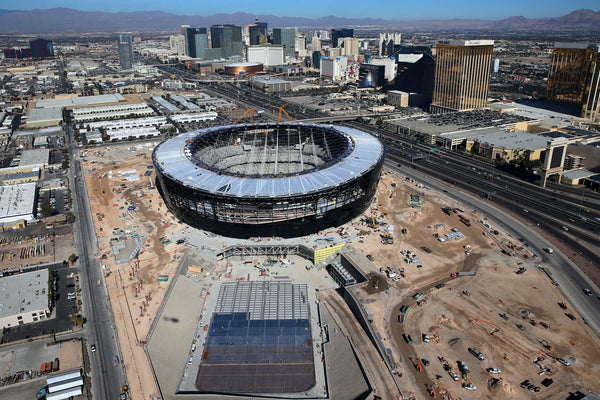 An aerial view of Allegiant Stadium, future home of the Las Vegas Raiders, shows the construction on Jan. 23, 2020. Erik Verduzco/Las Vegas Review-Journal
