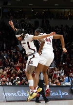 South Carolina’s Destanni Henderson (3) and Saniya Rivers (44) celebrate while playing Tennessee on Feb. 20, 2022, in Colonial Life Arena. Tracy Glantz / The State