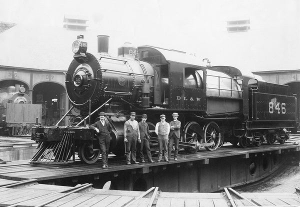 Delaware, Lackawanna and Western Railroad locomotive on the turntable at the roundhouse in Buffalo, circa 1900. Buffalo History Museum