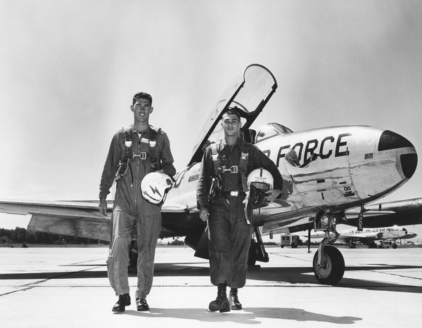 Cadets in the US Air Force Academy smiling after their indoctrination flight in a T-33 at Lowry Air Force Base in Denver, circa 1955. COURTESY WINGS OVER THE ROCKIES AIR AND SPACE MUSEUM