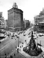 Downtown Detroit from the First National Bank Building in June 1934. The massive Majestic Building, built in 1896, overlooks Woodward Avenue, diagonally across from the Michigan Soldiers’ and Sailors’ Monument, erected in 1867. Courtesy The Detroit News