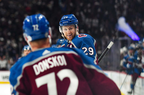 Colorado Avalanche center Nathan MacKinnon (29) smiles after making a goal during the second period of game 1 in the second round of the Stanley Cup Playoff series on May 30, 2021, in Denver. Colorado Avalanche, at home in Ball Arena, took on the Vegas Golden Knights. RJ Sangosti / The Denver Post