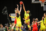 Oregon's Ruthy Hebard (24) blocks a shot during the second half as the No. 1 seed Oregon Ducks face the No. 4 seed Arizona Wildcats in the semifinals of the Pac-12 women's basketball tournament on March 7, 2020, at Mandalay Bay Events Center in Las Vegas. Oregon won 88-70. Courtesy Serena Morones, The Oregonian/OregonLive