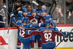 Samuel Girard (49) of the Colorado Avalanche celebrates his 2-1 goal against the St. Louis Blues with teammates J.T. Compher (37), Nicolas Aube-Kubel (16), Josh Manson (42) and Gabriel Landeskog (92) during the second period at Ball Arena on Tuesday, May 17, 2022. Aaron Ontiveroz/The Denver Post)