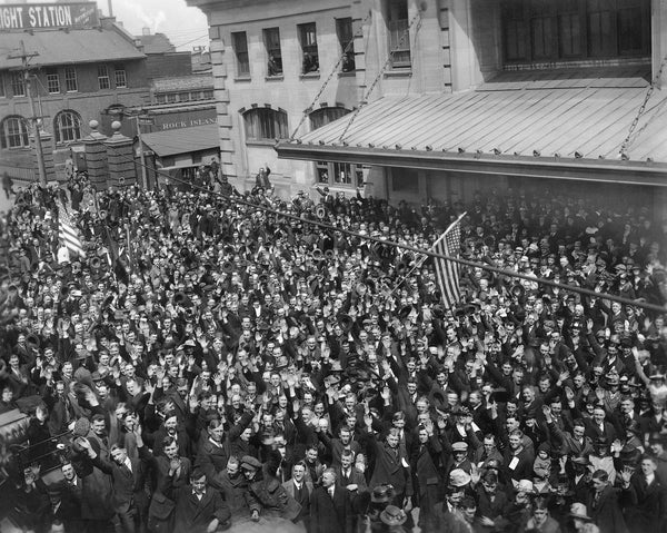 World War I draftees at the Chicago and Northwestern Depot, 201 South Blair Street, on their way to basic training and then France, May 25, 1918. Nearly 3,000 Madison men joined the war effort. Courtesy Wisconsin Historical Society, Image ID 11039