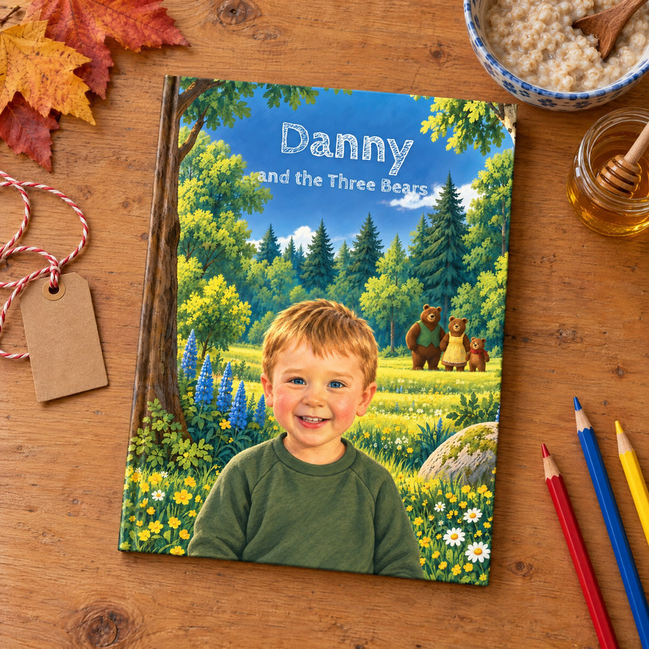 The personalized Danny and the Three Bears hardcover on a wooden table with porridge and honey