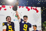 On Jan. 1, 2024 — exactly 26 years after Michigan last won the Rose Bowl — defensive tackle Mason Graham (No. 55) and quarterback J.J. McCarthy (No. 9) hoist the coveted Leishman Trophy. They were the defensive and offensive MVPs in a 27-20 victory over Alabama in overtime. U-M’s 1998 victory over Washington State earned a share of the 1997 national championship. For the 2023 crown, U-M still needed to beat Washington. JUNFU HAN/DETROIT FREE PRESS