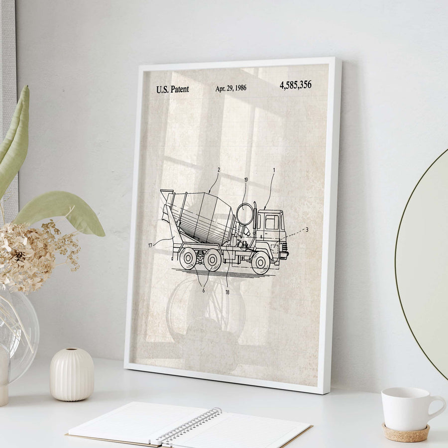 Construction Vehicle Cement Mixer Patent Wall Art - Vintage Paper