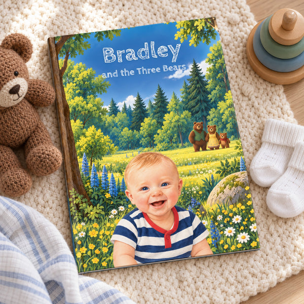 Bradley and the Three Bears, the baby edition, on a knit blanket in a nursery