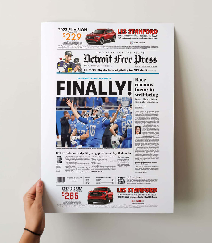 Detroit Lions First Playoff Win in 32 Years vs LA Rams Front Page Wall Art