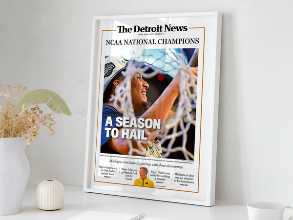 A SEASON TO HAIL! UM Basketball 2026 Champs Detroit News Front Page Wall Art