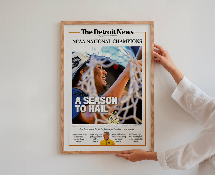 A SEASON TO HAIL! UM Basketball 2026 Champs Detroit News Front Page Wall Art