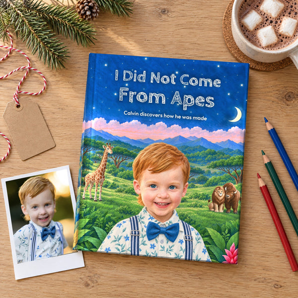 The personalized I Did Not Come From Apes hardcover with the child's photo, colored pencils and cocoa