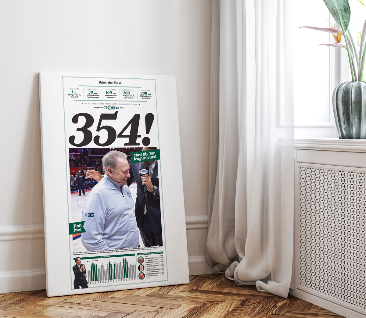 MSU Tom Izzo 354 Wins All-Time Big Ten Leader Commemorative Front Page Wall Art