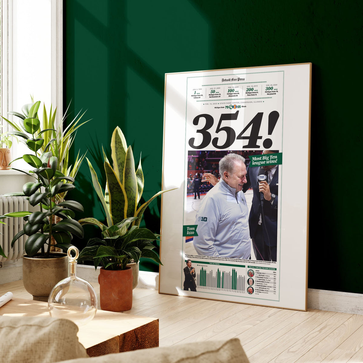 MSU Tom Izzo 354 Wins All-Time Big Ten Leader Commemorative Front Page Wall Art