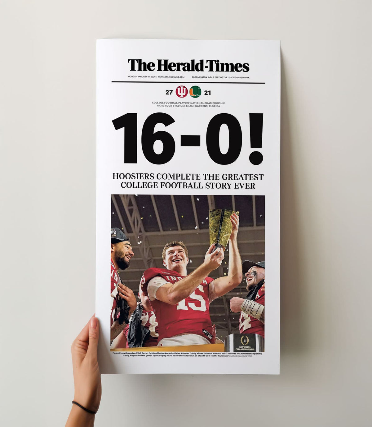 Indiana Football 16-0 National Champions Herald-Times Front Page Wall Art