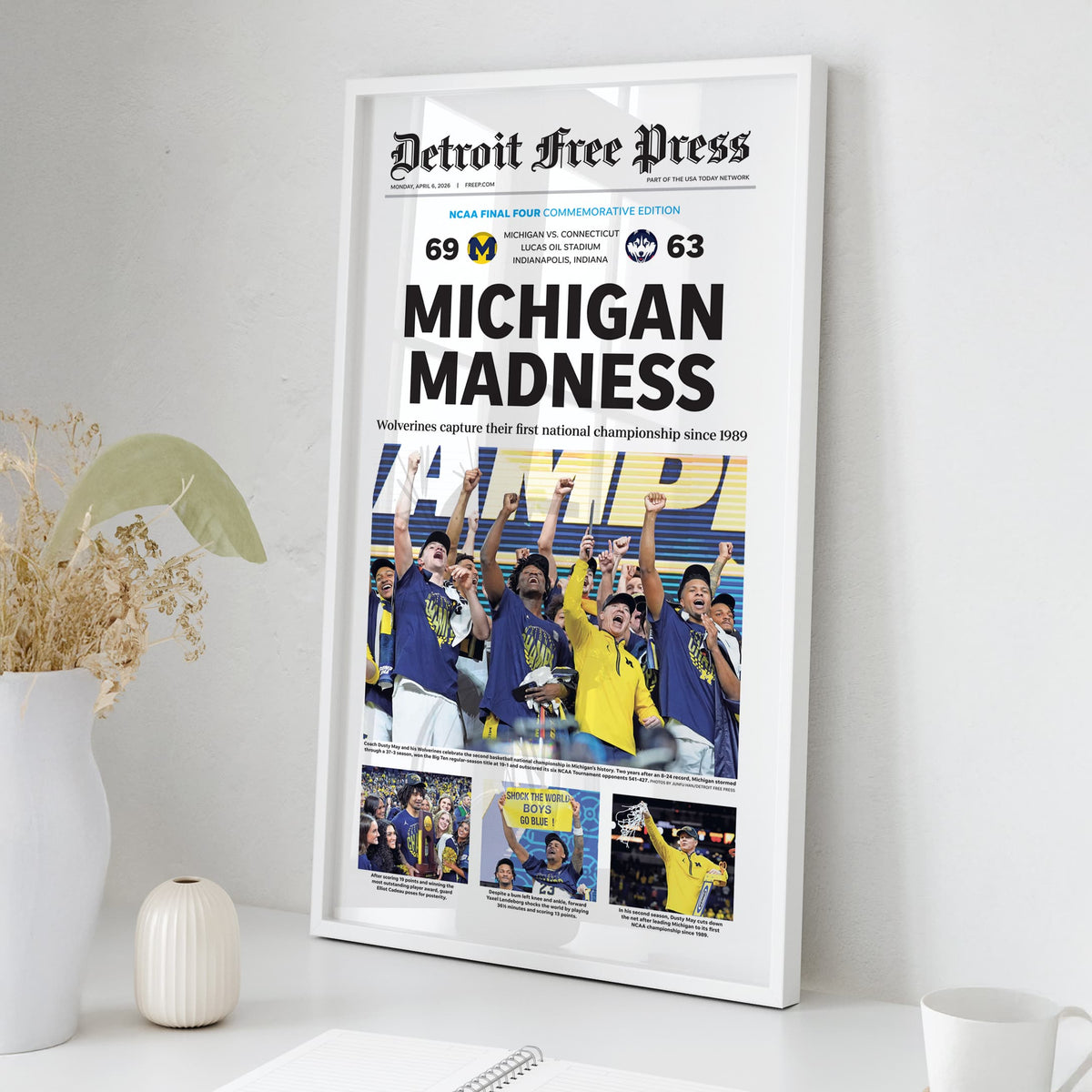 Michigan Madness UM Basketball 2026 Champs Detroit Free Press Front Page Wall Art