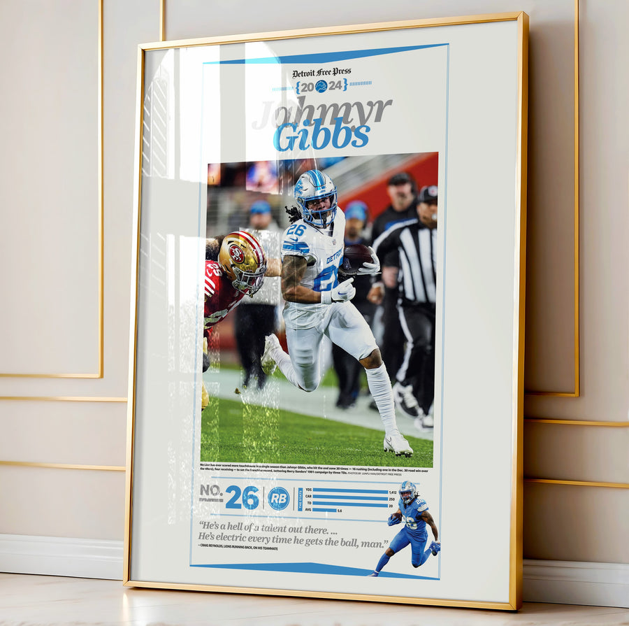 Detroit Lions Jahmyr Gibbs 2024-25 Season Commemorative Front Page Wall Art
