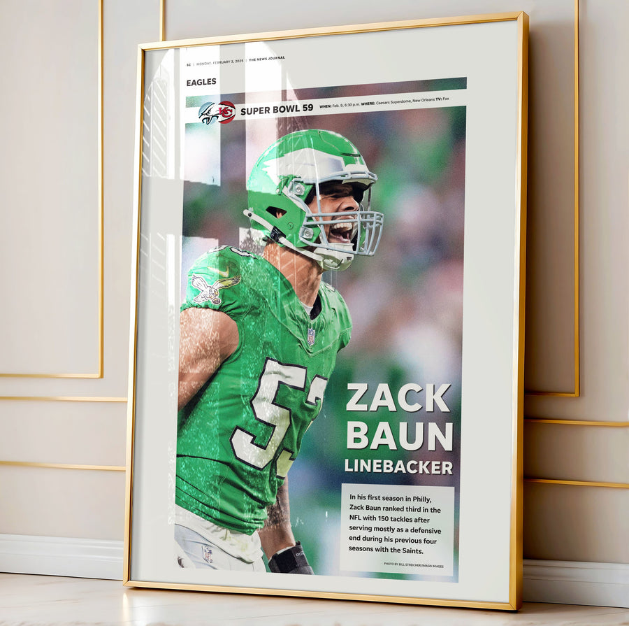 Philadelphia Eagles Zack Baun Super Bowl LIX Commemorative Front Page Wall Art