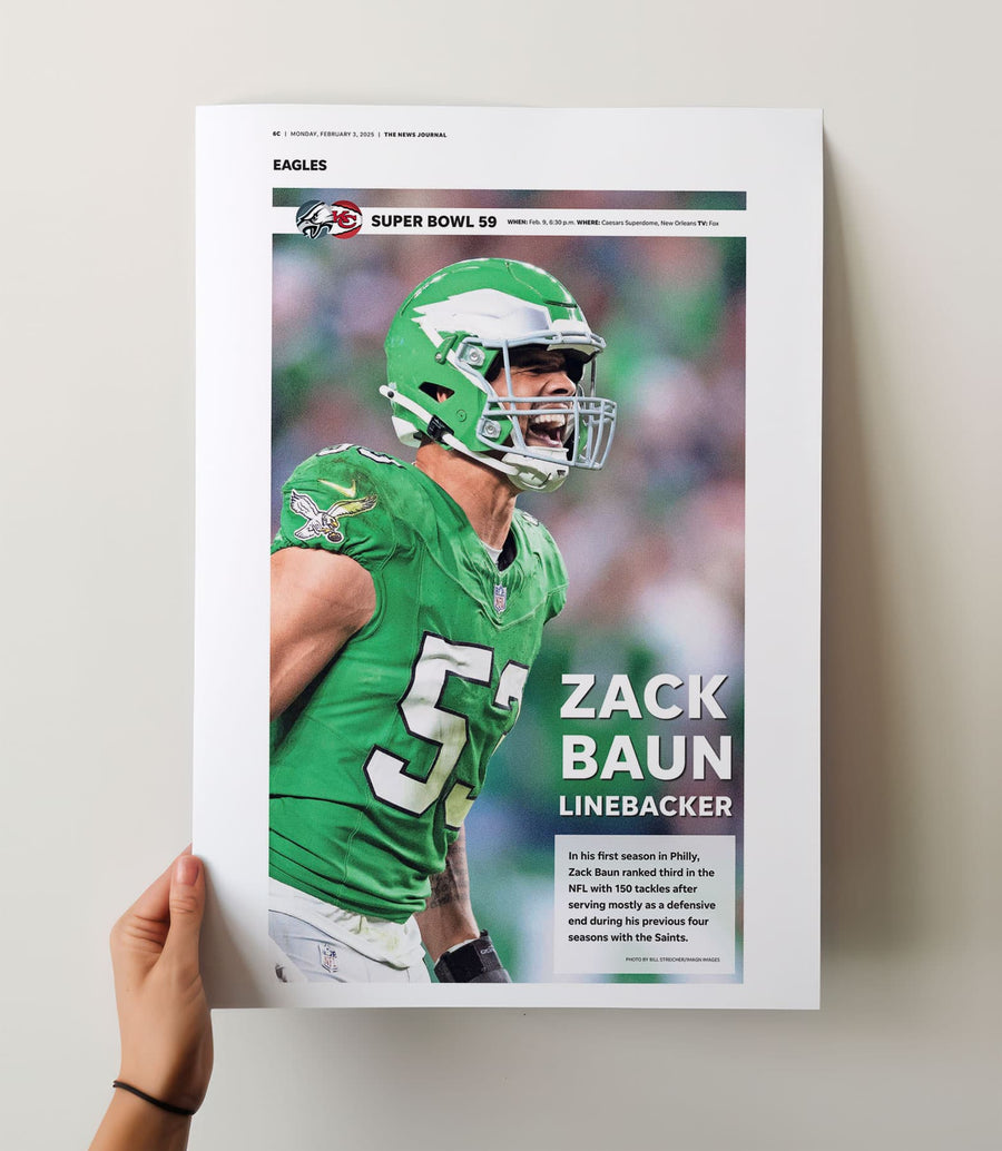 Philadelphia Eagles Zack Baun Super Bowl LIX Commemorative Front Page Wall Art