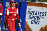 Jordy Bahl celebrates after scoring during the first game of the Women’s College World Series championship series against Florida State at USA Softball Hall of Fame Stadium in Oklahoma City on June 7, 2023. NATHAN J. FISH / THE OKLAHOMAN