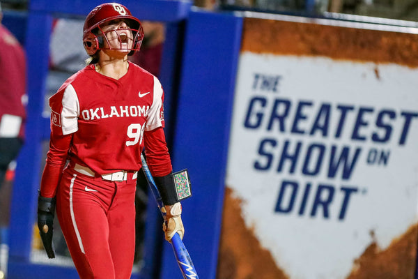 Jordy Bahl celebrates after scoring during the first game of the Women’s College World Series championship series against Florida State at USA Softball Hall of Fame Stadium in Oklahoma City on June 7, 2023. NATHAN J. FISH / THE OKLAHOMAN