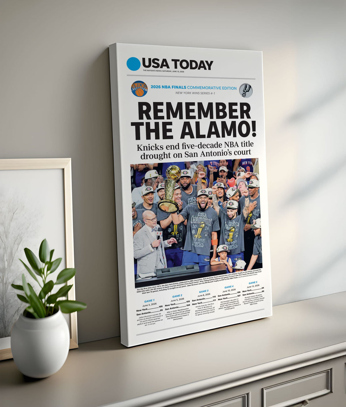 New York Knicks NBA Champs USA TODAY Front Page Wall Art