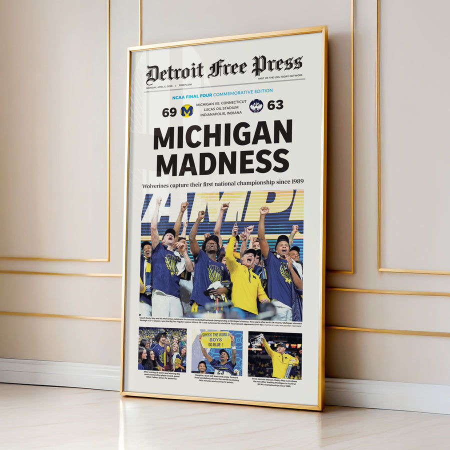 Michigan Madness UM Basketball 2026 Champs Detroit Free Press Front Page Wall Art