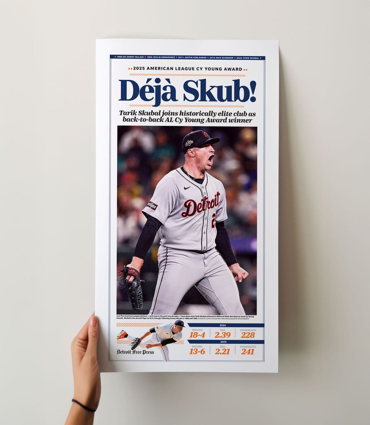 Tarik Skubal Back-to-Back AL Cy Young Front Page Wall Art (2025)