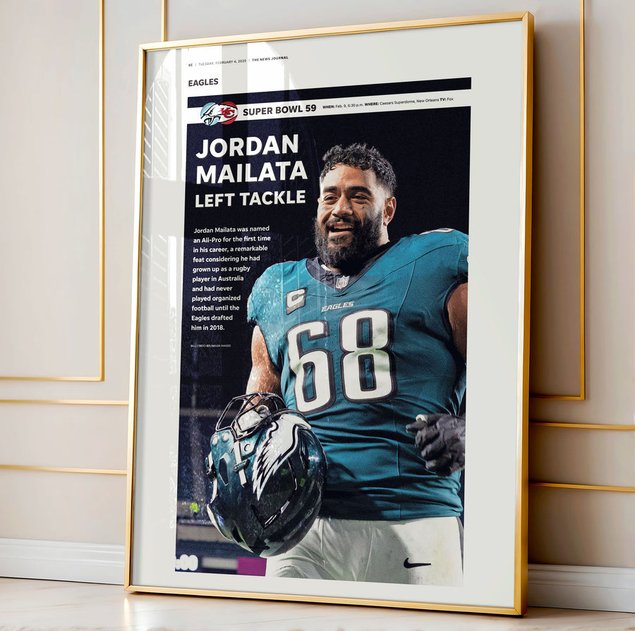 Philadelphia Eagles Jordan Mailata Super Bowl LIX Commemorative Front Page Wall Art