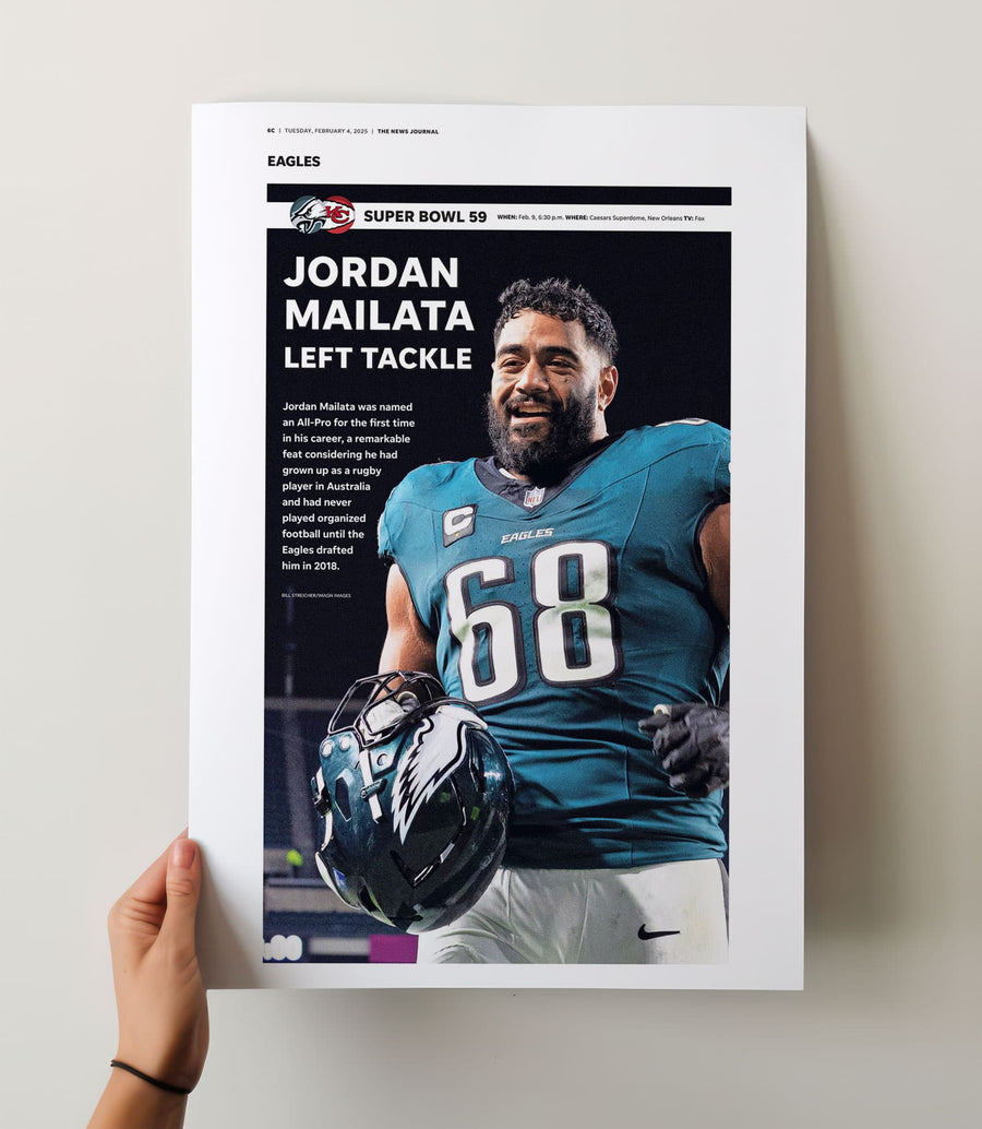 Philadelphia Eagles Jordan Mailata Super Bowl LIX Commemorative Front Page Wall Art