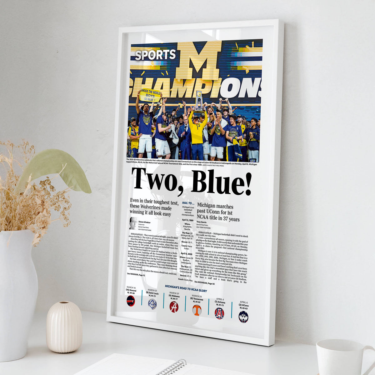 Two, Blue! UM Basketball 2026 Champs Detroit Free Press Front Page Wall Art