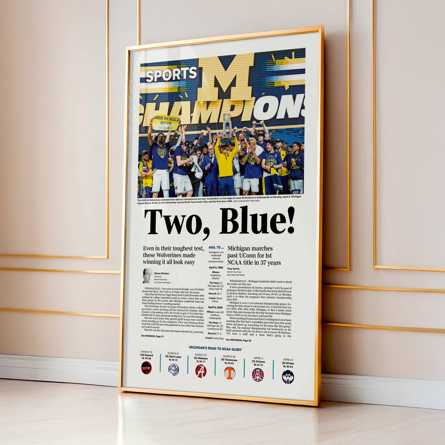 Two, Blue! UM Basketball 2026 Champs Detroit Free Press Front Page Wall Art