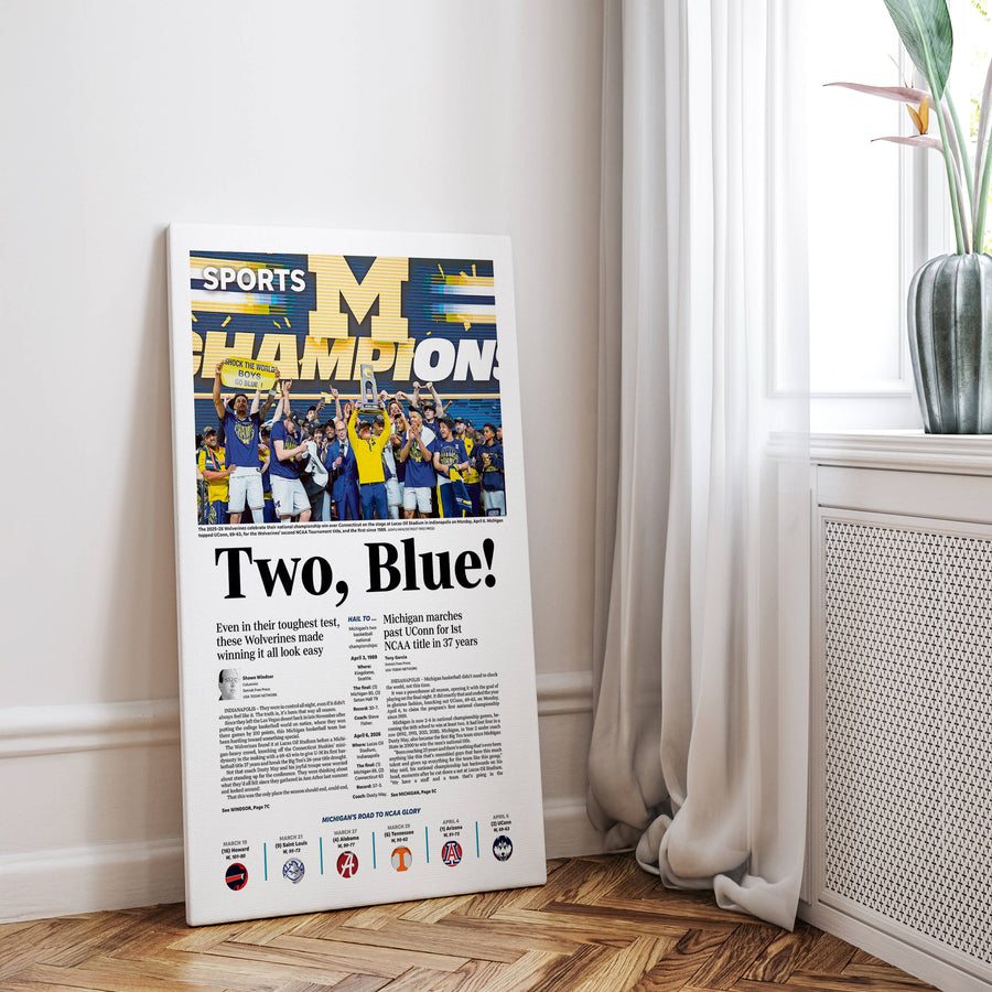 Two, Blue! UM Basketball 2026 Champs Detroit Free Press Front Page Wall Art