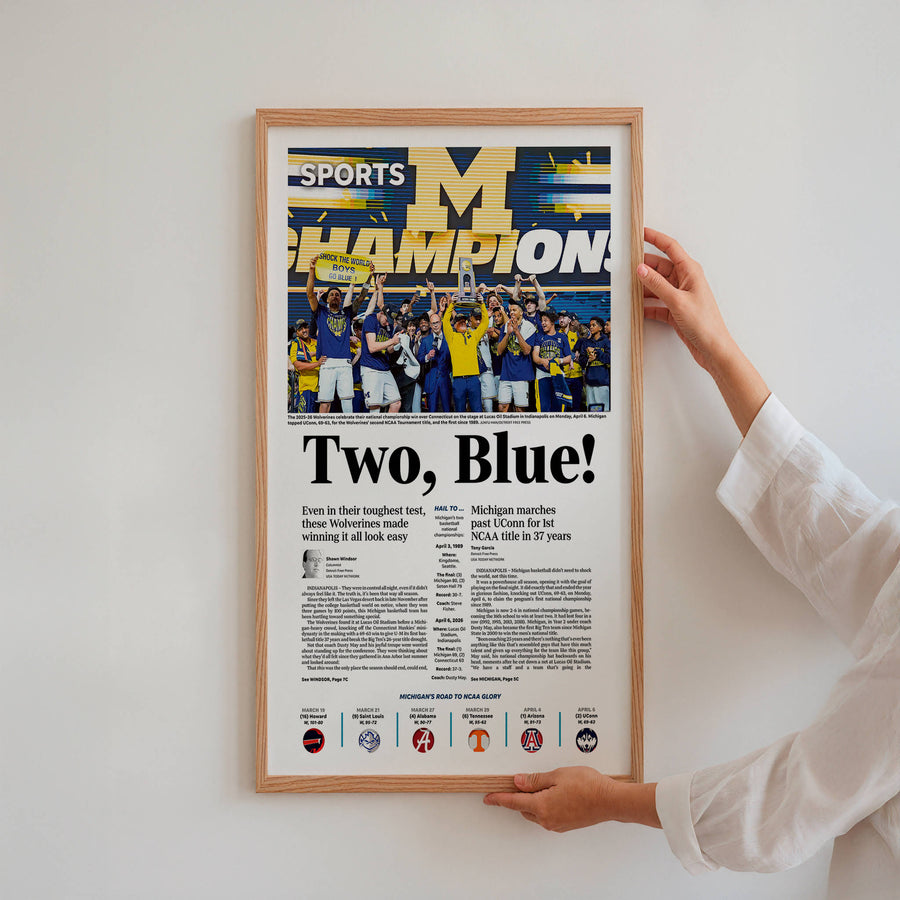 Two, Blue! UM Basketball 2026 Champs Detroit Free Press Front Page Wall Art