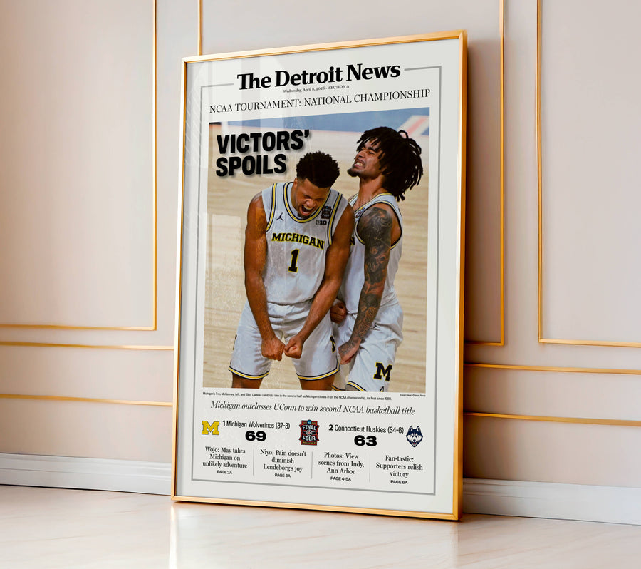 VICTORS' SPOILS! UM Basketball 2026 Champs Detroit News Front Page Wall Art