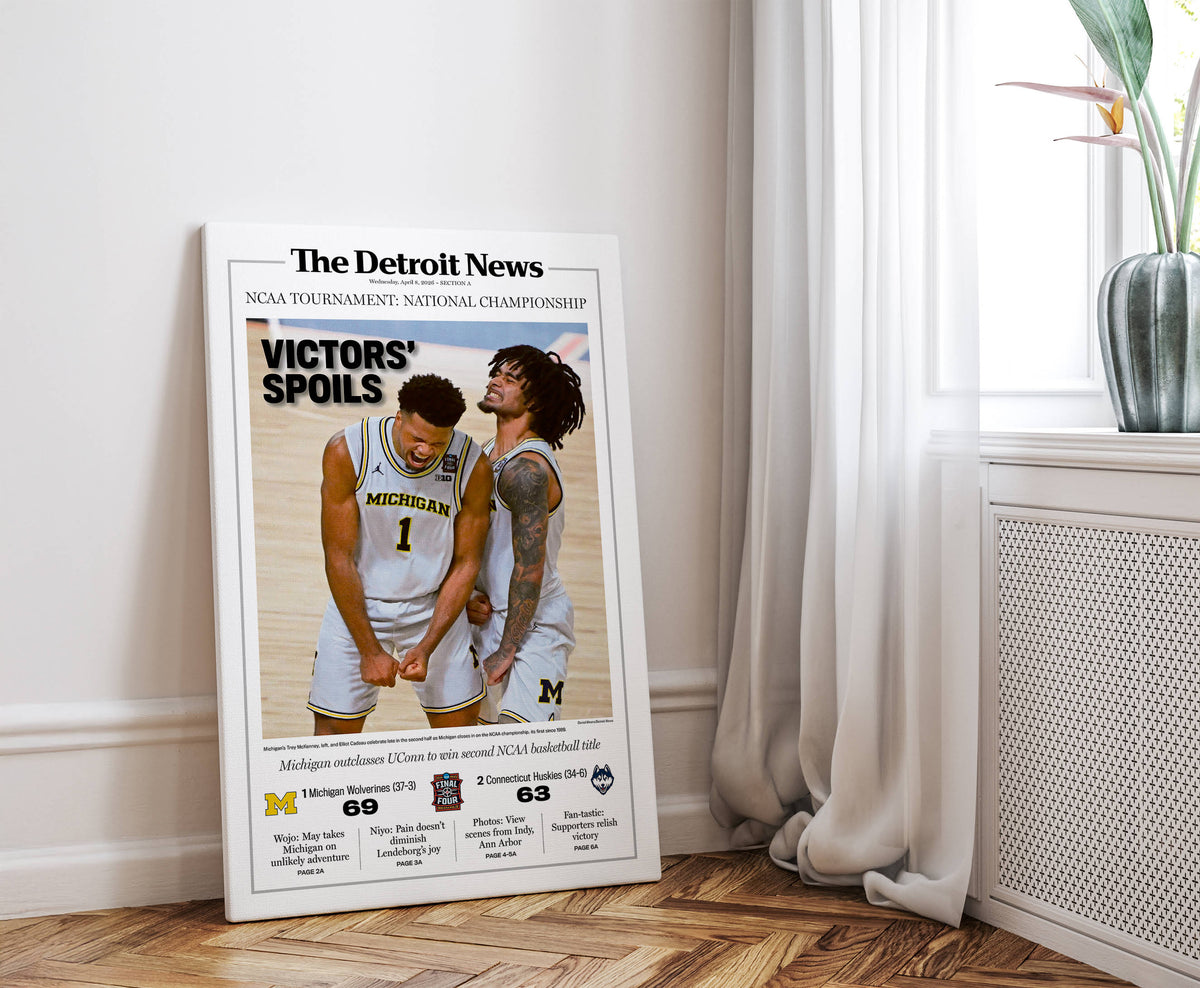 VICTORS' SPOILS! UM Basketball 2026 Champs Detroit News Front Page Wall Art