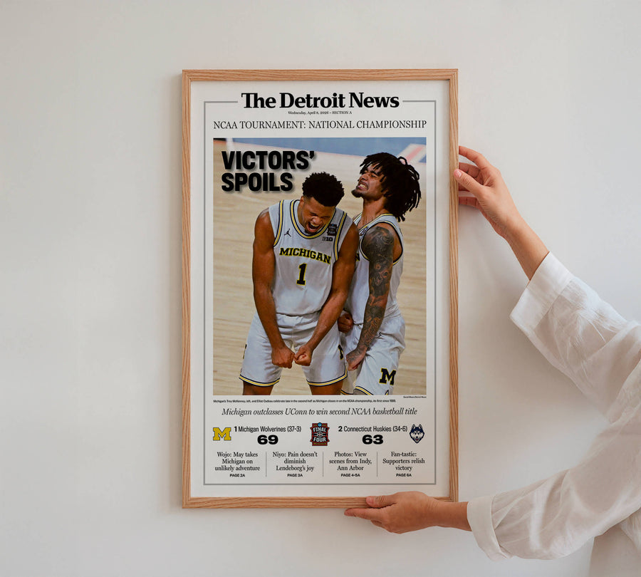 VICTORS' SPOILS! UM Basketball 2026 Champs Detroit News Front Page Wall Art