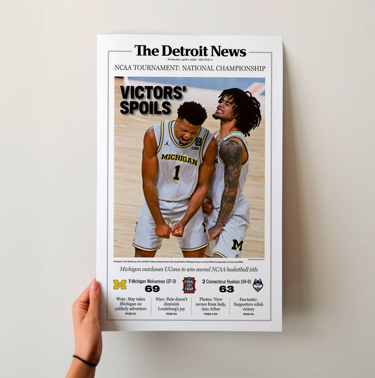 VICTORS' SPOILS! UM Basketball 2026 Champs Detroit News Front Page Wall Art