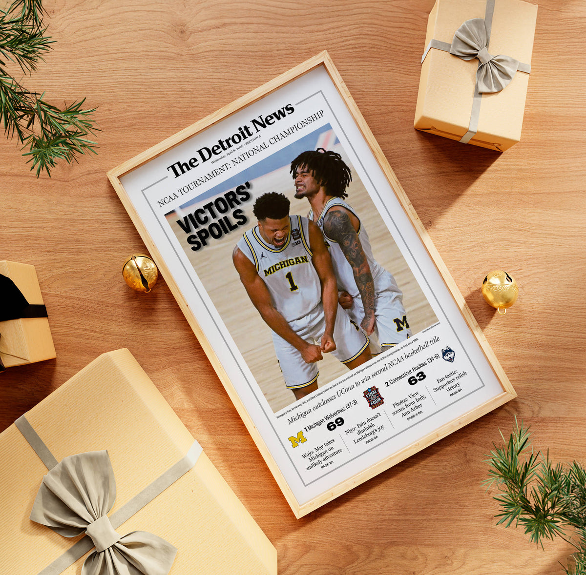 VICTORS' SPOILS! UM Basketball 2026 Champs Detroit News Front Page Wall Art