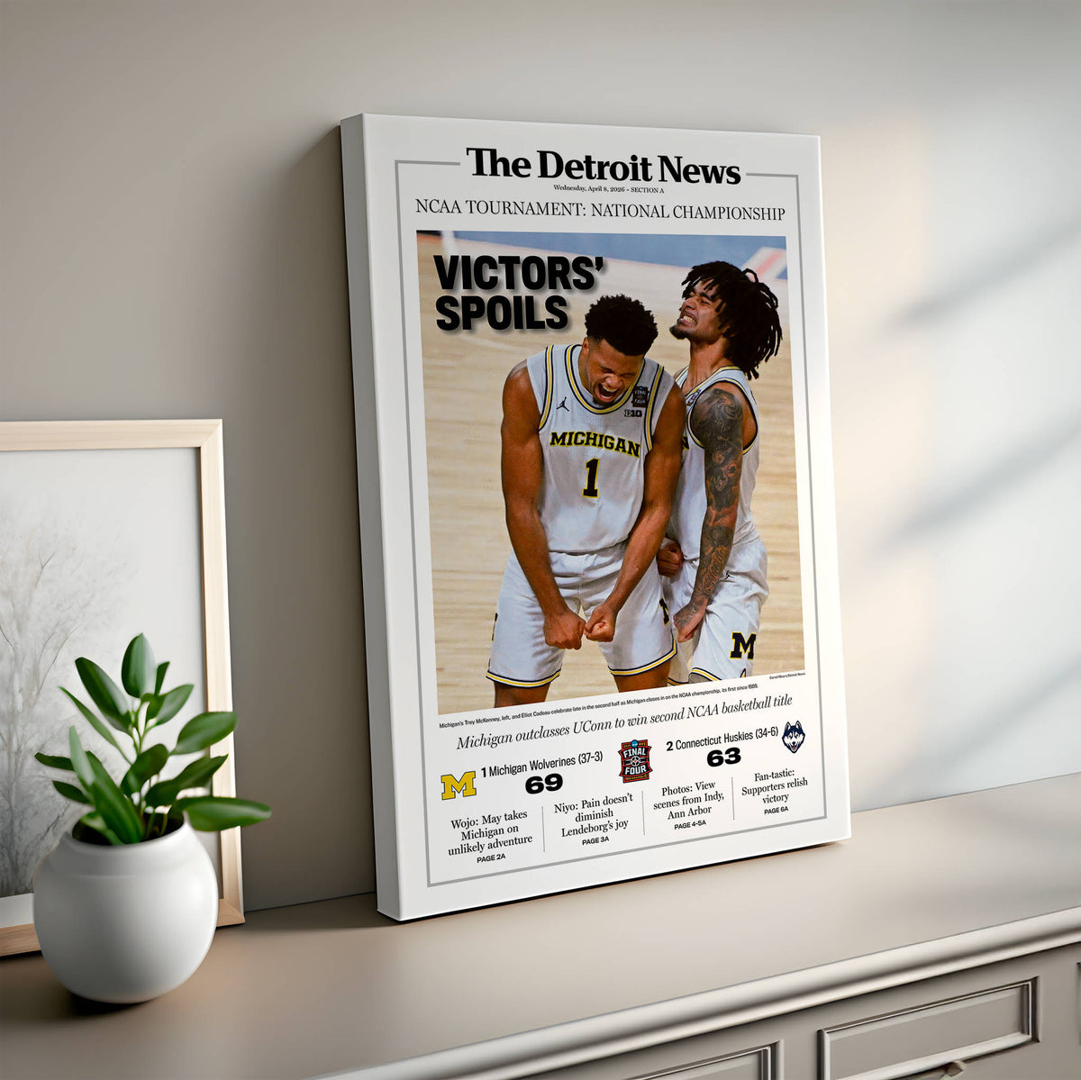 VICTORS' SPOILS! UM Basketball 2026 Champs Detroit News Front Page Wall Art