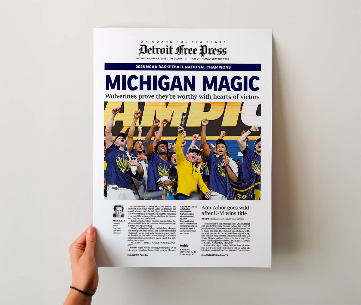 Michigan Magic UM Basketball 2026 Champs Detroit Free Press Front Page Wall Art