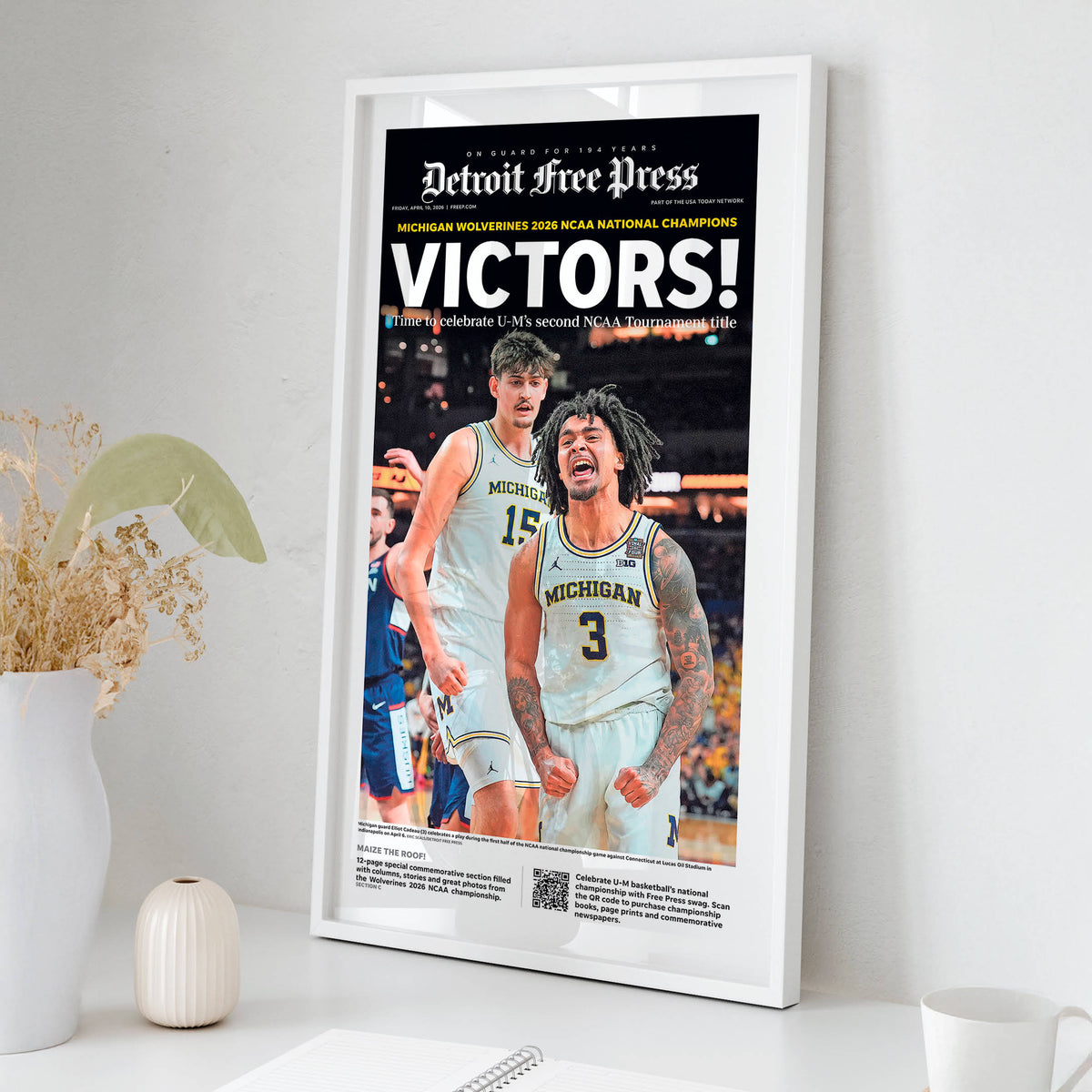 VICTORS! UM Basketball 2026 Champs Detroit Free Press Front Page Wall Art