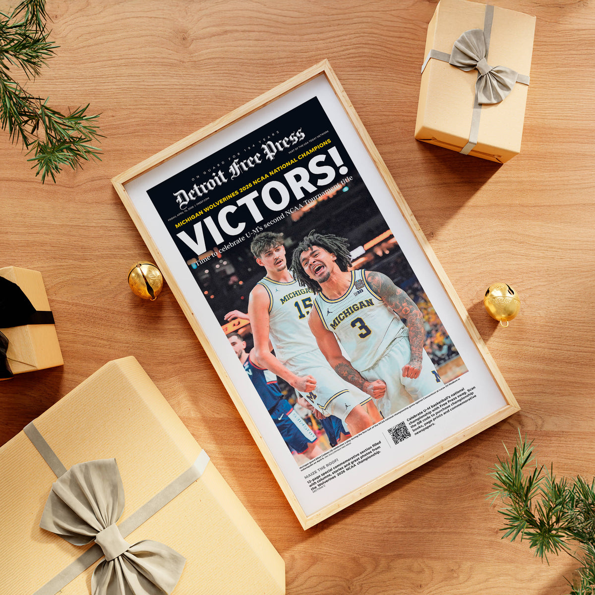 VICTORS! UM Basketball 2026 Champs Detroit Free Press Front Page Wall Art