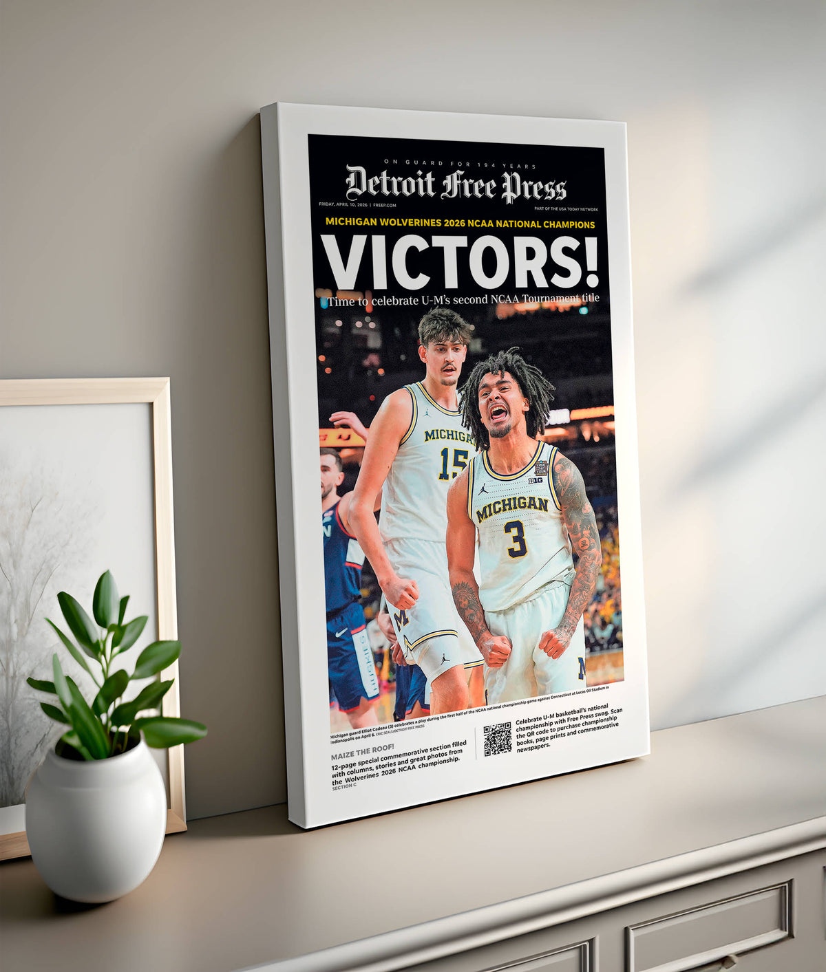 VICTORS! UM Basketball 2026 Champs Detroit Free Press Front Page Wall Art